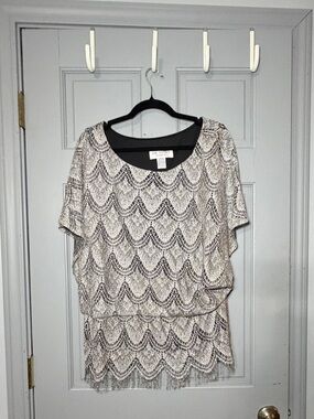 Y2K J.R. Nites by carol lin silver and Black Lace Overlay Blouse w Scallop Hem